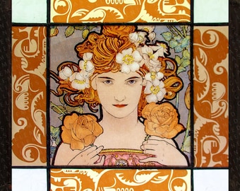 Mucha stained glass art nouveau suncatcher vitrail glass painting handpainted kiln fired Roses gift 彩色玻璃 ステンドグラス Vitráž