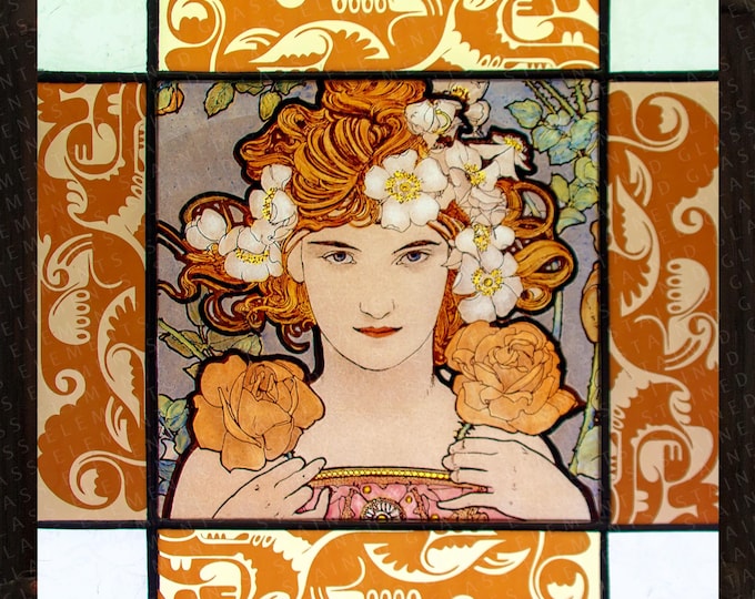 Mucha stained glass art nouveau suncatcher vitrail glass painting handpainted kiln fired Roses gift 彩色玻璃 ステンドグラス Vitráž