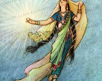Warwick Goble ceramic decal, exotic girl, princess, Indian girl, 3.94 x 3.94 inch, 10 x 10cm, firing temperature 1400-1562 ºF, 760-850 ºC