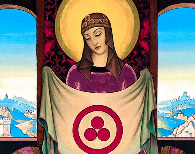 Ceramic decal, Madonna Oriflamma, ceramic transfer, 1400-1562 ºF, ceramic decals enameling, Roerich, 750-850ºC, decal glass, decals murals