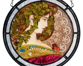 Mucha stained glass medallion - kiln-fired glass art - Ivy suncatcher - Art Nouveau decoration- gift - jugendstil - vitráž - Glasmalerei