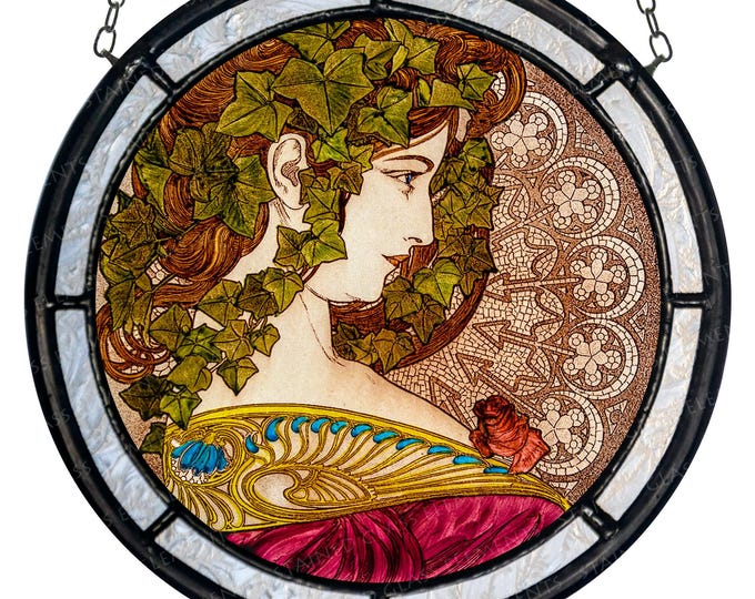 Mucha stained glass medallion - kiln-fired glass art - Ivy suncatcher - Art Nouveau decoration- gift - jugendstil - vitráž - Glasmalerei