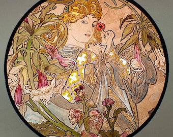 Mucha, Datura, Mucha kilnfired glass, medallion, Mucha stained glass, Mucha suncatcher, Mucha kilnfired stained glass, Mucha, Mucha vitrail