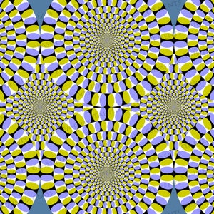 Op de afbeelding: Een optische illusie afbeelding met een herhalend patroon van overlappende cirkels in tinten geel, blauw en zwart. De cirkels creëren een hypnotiserend effect, waardoor het lijkt alsof ze bewegen.