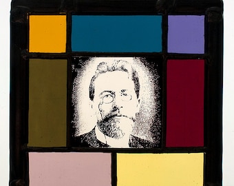 Tsjechov gebrandschilderd glas in lood, Anton Chekhov stained glass, Chekhov suncatcher, kilnfired, unica, Tshechov glasspainting