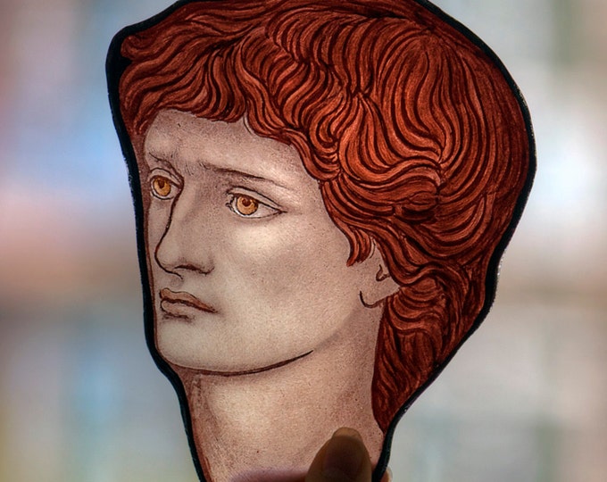 stained glass portrait after Burne-Jones, semi finished stained glass, stained glass fragment, Edward Burne-Jones, glass painting, витраж