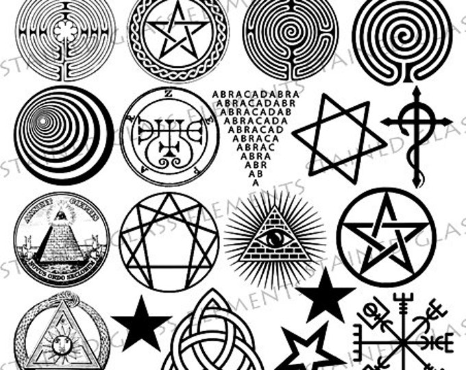 Black ceramic decals, fusible transfers, magic, symbols, star, labyrinth, triskell, ouroboros, image transfer, ceramic decals glass pendants