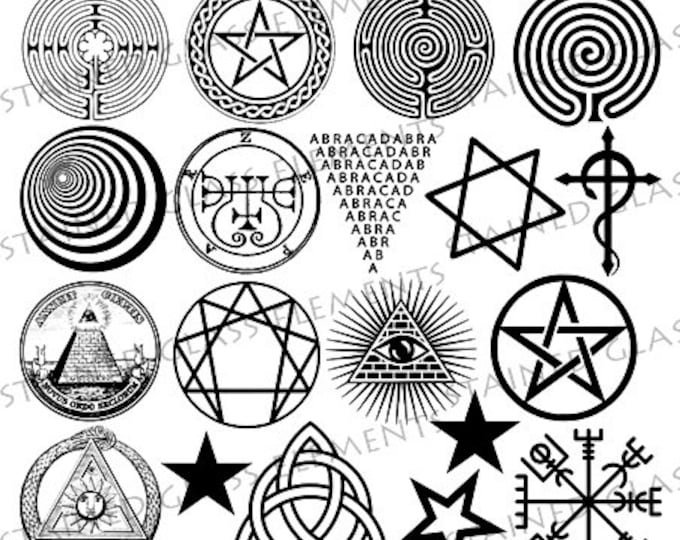 Black ceramic decals, fusible transfers, magic, symbols, star, labyrinth, triskell, ouroboros, image transfer, ceramic decals glass pendants