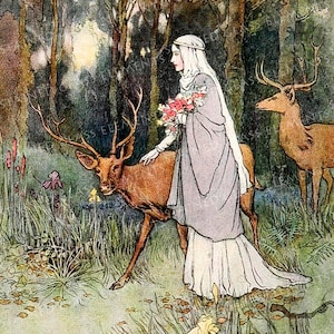 May include: A woman in a white dress and a white veil walks through a forest with two deer. She is holding a bouquet of pink flowers. The deer are brown with white spots and have large antlers.