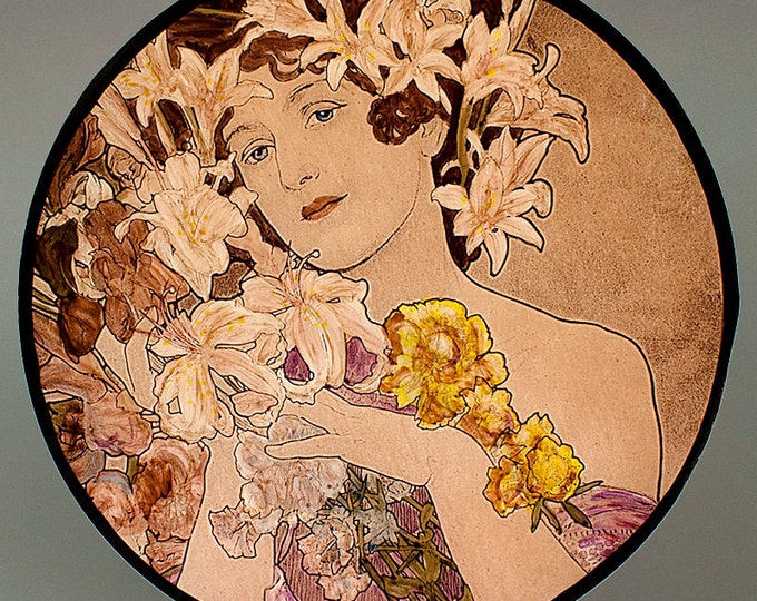Mucha, Flower, Mucha kilnfired glass roundel, Mucha stained glass, Mucha suncatcher, Mucha kilnfired stained glass, Mucha, Mucha vitrail