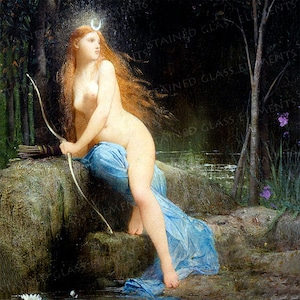 May include: A painting of a woman with long red hair, wearing a blue cloth, holding a bow and arrow. She is sitting on a rock by a body of water, with green foliage and flowers in the background.