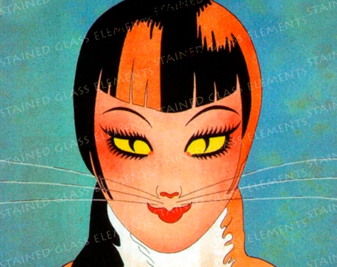 Ceramic decal cat girl, old japanese illustration, size 3.94 x 3.94 inch, firing temperature 1400-1562 ºF, ceramic transfer, cat girl decal