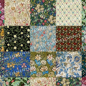 Puede incluir: Un diseño de colcha de retazos con 16 patrones florales diferentes en varios colores, incluyendo verde, azul, rojo y amarillo. Los patrones son todos intrincados y detallados, y crean un diseño hermoso y vibrante.