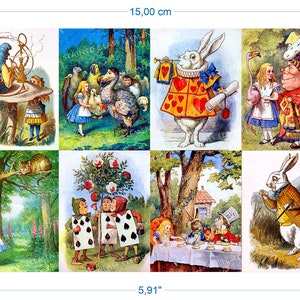 Puede incluir: Un conjunto de 8 tarjetas ilustradas con escenas de Alicia en el País de las Maravillas. Las tarjetas están impresas en cartulina gruesa y miden 15 cm por 10 cm. Las tarjetas presentan ilustraciones de Alicia, el Sombrerero Loco, la Reina de Corazones, el Gato de Cheshire, el Conejo Blanco y otros personajes del libro.