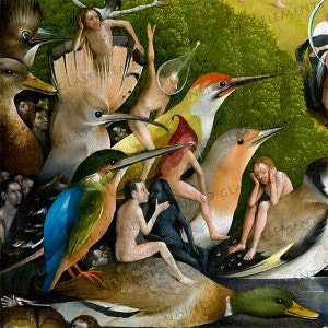 Pode incluir: Uma pintura detalhada que representa uma cena fantástica com muitas figuras e animais. As figuras estão nuas e têm asas, enquanto os animais são uma mistura de pássaros e peixes. A pintura está cheia de cores vibrantes e detalhes intrincados.