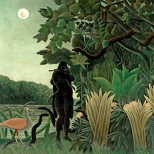 May include: A painting of a dark-skinned figure playing a flute in a lush jungle setting. The figure is surrounded by green foliage, including palm trees, ferns, and vines. A snake wraps around the figure's body. A large moon hangs in the sky above the scene.