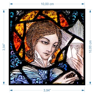 May include: A stained glass window depicting a person holding a chalice. The person is wearing a blue and white robe and has brown hair. The background is a mix of yellow, orange, and red stained glass.