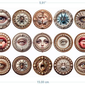Può includere: Dodici medaglioni decorativi rotondi, dorati e ornati con perle. Ogni medaglione presenta un'immagine diversa, tra cui occhi, labbra, ragni e volti.