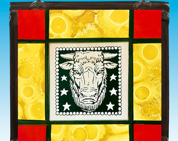 Taurus stained glass suncatcher, Taurus suncatcher, zodiac signs,Taurus stained glass, silverstain, kilnfired stained glass, birthday gift