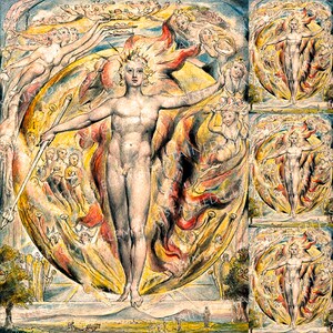 Puede incluir: Una pintura que representa una figura masculina desnuda con una corona y una lanza, rodeada de figuras y colores que se arremolinan. La figura se encuentra sobre una plataforma circular con un paisaje en el fondo.