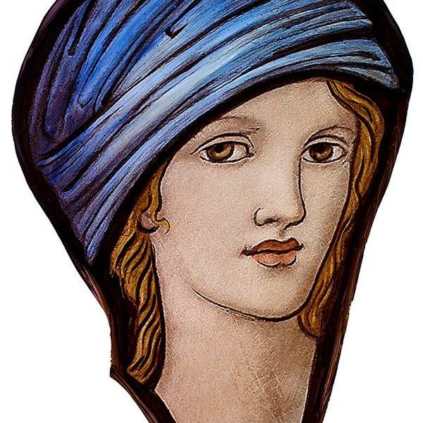 stained glass portrait after Burne-Jones, semi finished stained glass, stained glass fragment, Edward Burne-Jones, glass painting, витраж