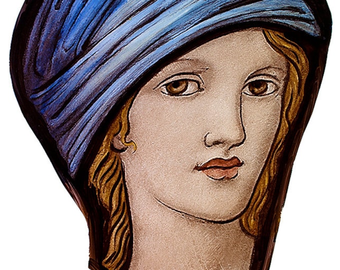 stained glass portrait after Burne-Jones, semi finished stained glass, stained glass fragment, Edward Burne-Jones, glass painting, витраж