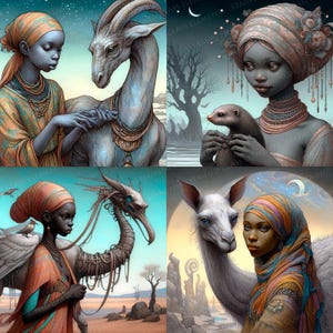 May include: A digital art collage featuring four panels with stylized portraits of women and fantastical creatures. Each woman wears a headscarf and jewelry. The creatures include a goat-like figure, a dragon, a ferret, and a llama.