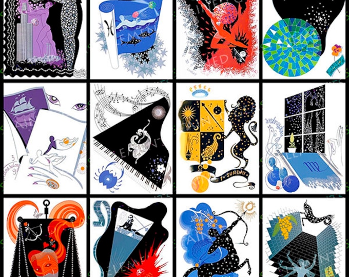 Erté zodiac decals, Erté, art deco decals, zodiac, art deco transfers, fusible decals, decals ceramics, decals glassfusing, jewelry decals