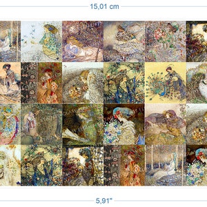 May include: A collage of 16 vintage illustrations featuring women in various poses and settings. The illustrations are in a whimsical style with a focus on nature and fantasy. The colours are soft and muted, with shades of green, blue, and brown dominating the palette.