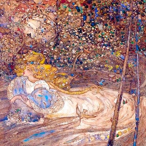 May include: A painting depicting a woman with long blonde hair reclining on a bed of flowers. She is wearing a white dress with a blue sash. The background shows a forest with a stream flowing through it.