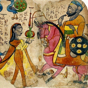 Könnte beinhalten: Eine farbenfrohe Illustration, die einen Mann auf einem Pferd zeigt, der einen blauen Turban und eine gelbe und grüne Robe trägt und einen Teller mit Früchten hält. Eine Frau in einem gelben und orangefarbenen Kleid bietet dem Mann eine grüne und gelbe Vase an. Der Hintergrund ist hellbraun mit etwas Text in einer Fremdsprache.