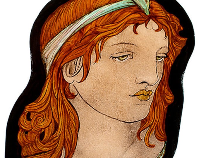 Stained glass fragment, Pre-Raphaelite stained glass, stained glass, Preraphaelites, glass painting, ginger girl, vitrail, glasmalerei, red