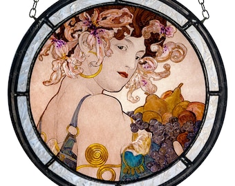 Mucha stained glass - medallion - kiln-fired glass art - Fruit suncatcher - Art Nouveau decoration - jugendstil - vitrage - vitráž - ステンドグラス