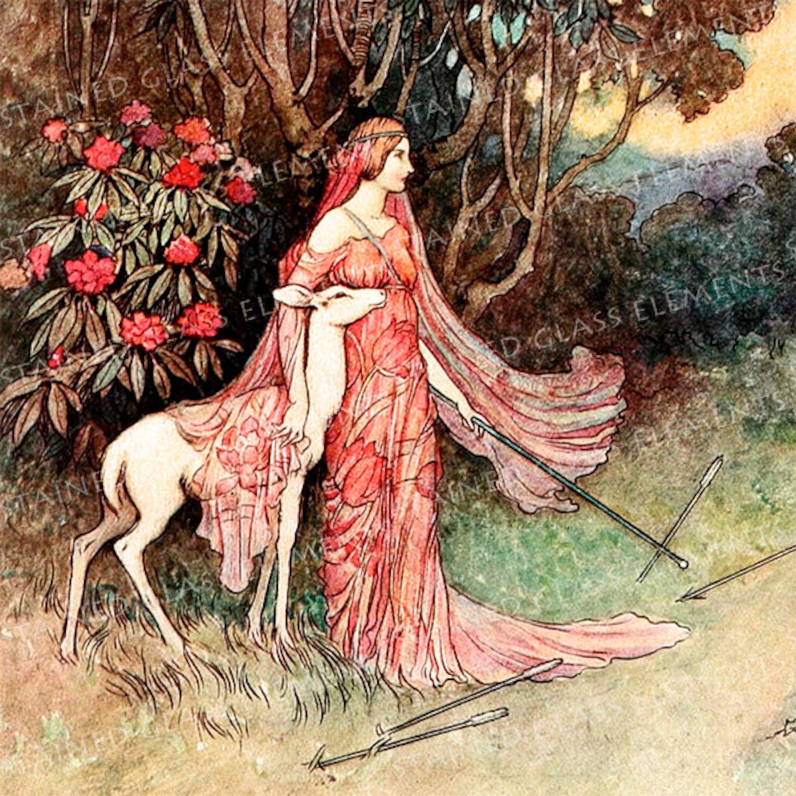 Warwick Goble ceramic decal, 13,5 x 13,5cm (5.31x5.31 inch), firing tempera...