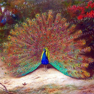 May include: A vibrant painting of a peacock displaying its feathers. The peacock has a blue neck and chest, with a fan of brown, green, and blue feathers. A small butterfly is in the foreground. The background features trees and red flowers.