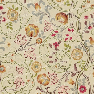 May include: A floral pattern featuring stylized flowers and foliage in shades of yellow, orange, red, and green on a cream background. The design includes detailed outlines and a vintage aesthetic, suitable for fabric or wallpaper.