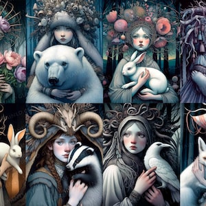 May include: A collection of eight digital art portraits. Each portrait features a woman with elaborate headwear, holding or accompanied by an animal, including a bear, rabbit, badger, raven, and fox. The color palette is soft with muted tones.