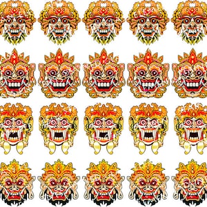 May include: A repeating pattern of colorful, stylized masks with intricate details. The masks are red, orange, yellow, and gold with black eyes and teeth. The masks are set against a white background.
