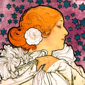 May include: Art Nouveau style illustration of a woman in profile with auburn hair and a white flower. She wears a white dress with a ruffled collar. The background is a purple hue with blue star shapes.