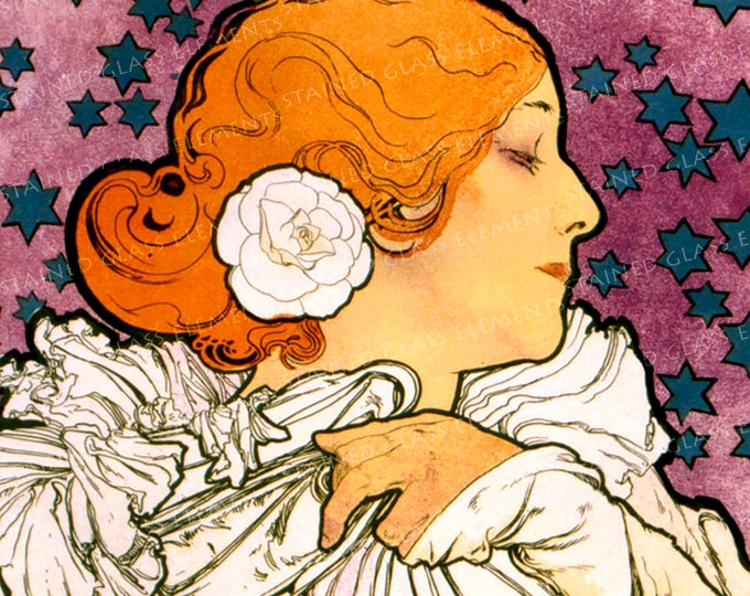 Mucha ceramic decals art nouveau Sarah Bernhardt fusible transfers for decoration of ceramics glassfusing glass tiles and enameling