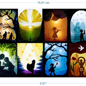 Pode incluir: Um painel de vitral com oito cenas diferentes. Cada cena é emoldurada por uma moldura marrom escura. As cenas retratam uma variedade de temas, incluindo crianças, anjos, estrelas e a natureza. O painel mede aproximadamente 15,01 cm de largura e 10,01 cm de altura.