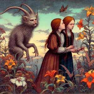 Könnte beinhalten: Eine Illustration zeigt zwei junge Frauen mit roten Haaren in langen Kleidern, die in einem Feld voller bunter Blumen stehen. Im Hintergrund befindet sich ein gehörntes, pelziges Wesen mit scharfen Krallen und Zähnen. Ein Schmetterling fliegt über der Szene.
