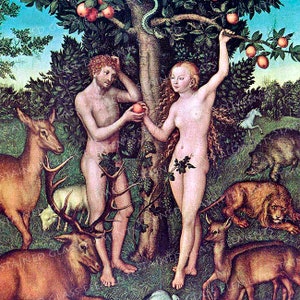 May include: A painting depicting a scene from the Garden of Eden. Two nude figures, Adam and Eve, stand beneath a tree with a snake wrapped around it. They are surrounded by animals, including a deer, a lion, and a boar. The painting is set against a lush green background.