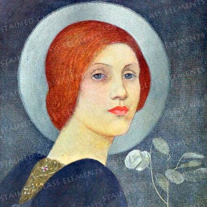 May include: A painting of a woman with red hair wearing a blue dress and a white halo. She is looking directly at the viewer with a serious expression. A white flower is visible in the background.