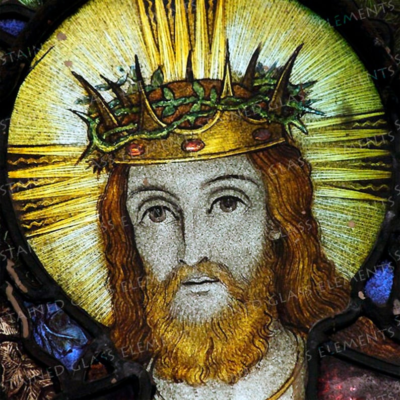 May include: A stained glass depiction of Jesus Christ wearing a crown of thorns. The image is set against a background of radiating light.