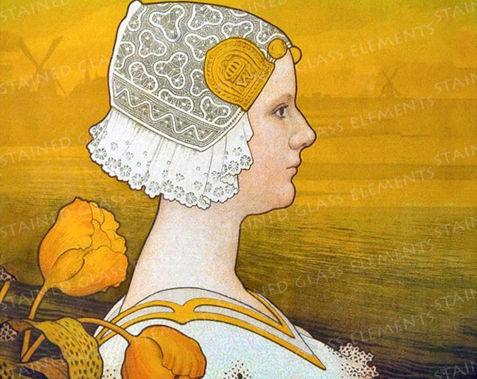 Art Nouveau ceramic decal, Dutch girl decal, tulips ceramic transfer, fusible decals, jugendstil transfers, jugendstil, art nouveau, Holland