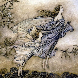 以下が含まれることがあります： 空を飛ぶ2人の妖精を描いたヴィンテージイラスト。手前の妖精は茶色の髪で、白いドレスと羽根を付けている。奥の妖精は長い黒髪で、紫色のドレスと羽根を付けている。