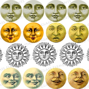 May include: A selection of vintage illustrations depicting celestial bodies. The image showcases various moon faces with different expressions, alongside sun illustrations. The colour scheme includes shades of gold, yellow, and black.