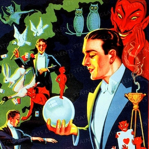 May include: A vintage illustration depicting a magician performing tricks. The magician is holding a crystal ball in his right hand. Surrounding him are various magical elements, including doves, rabbits, a devil, and owls. The image is full of colour and detail, with a dark background.