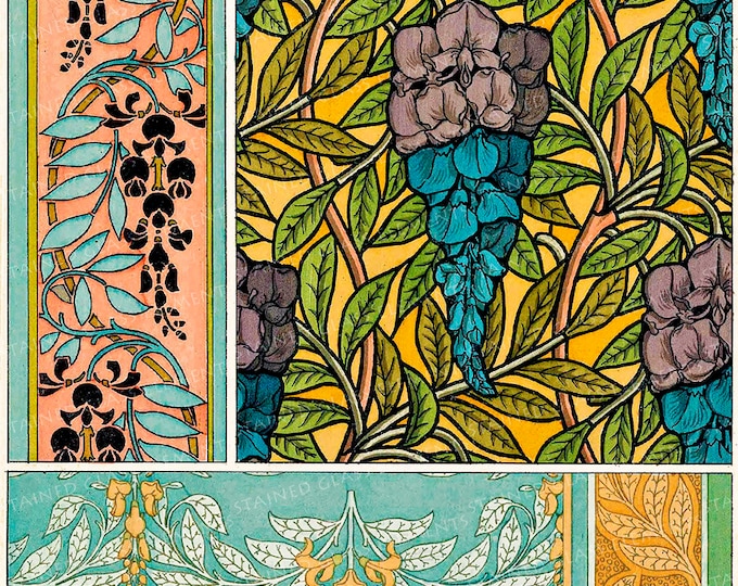 Floral Art Nouveau motifs Ceramic decal fusible transfers for decoration of ceramics glassfusing glass tiles and enameling botanical vintage